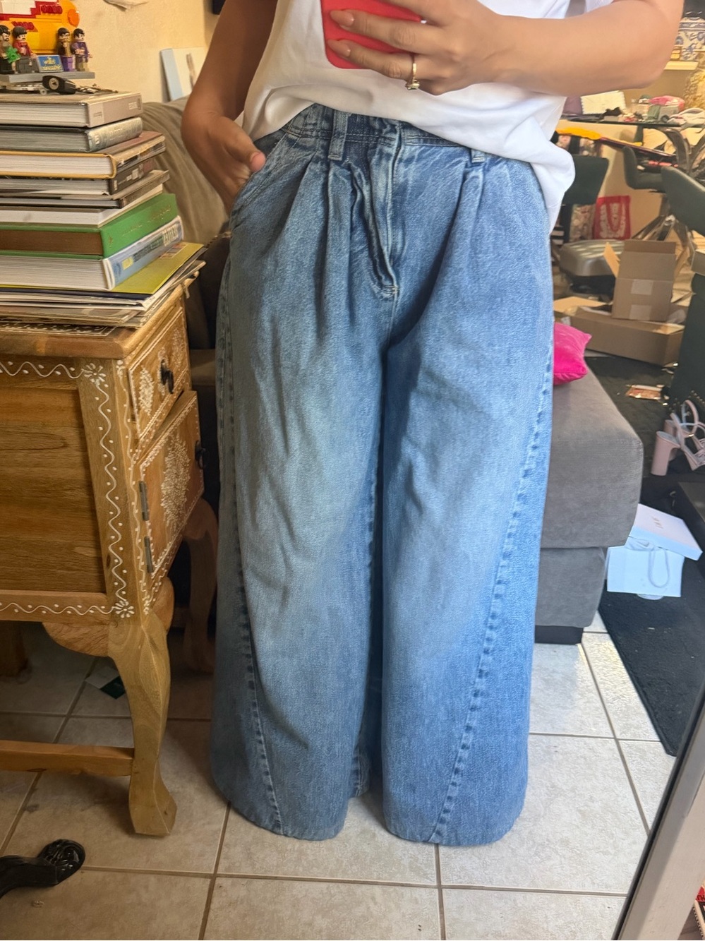 Free People Pleated Wide Leg  Denim Jeans